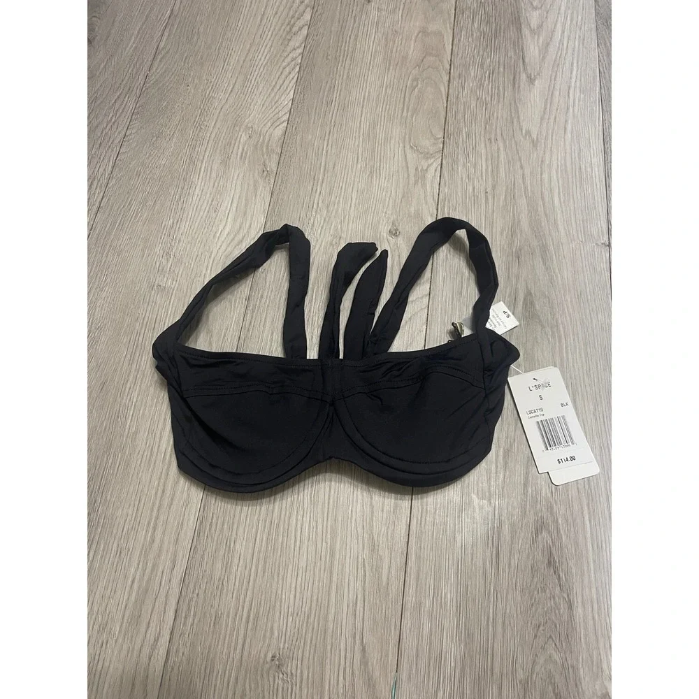 L Space minimalist black underwire tie-back bikini top